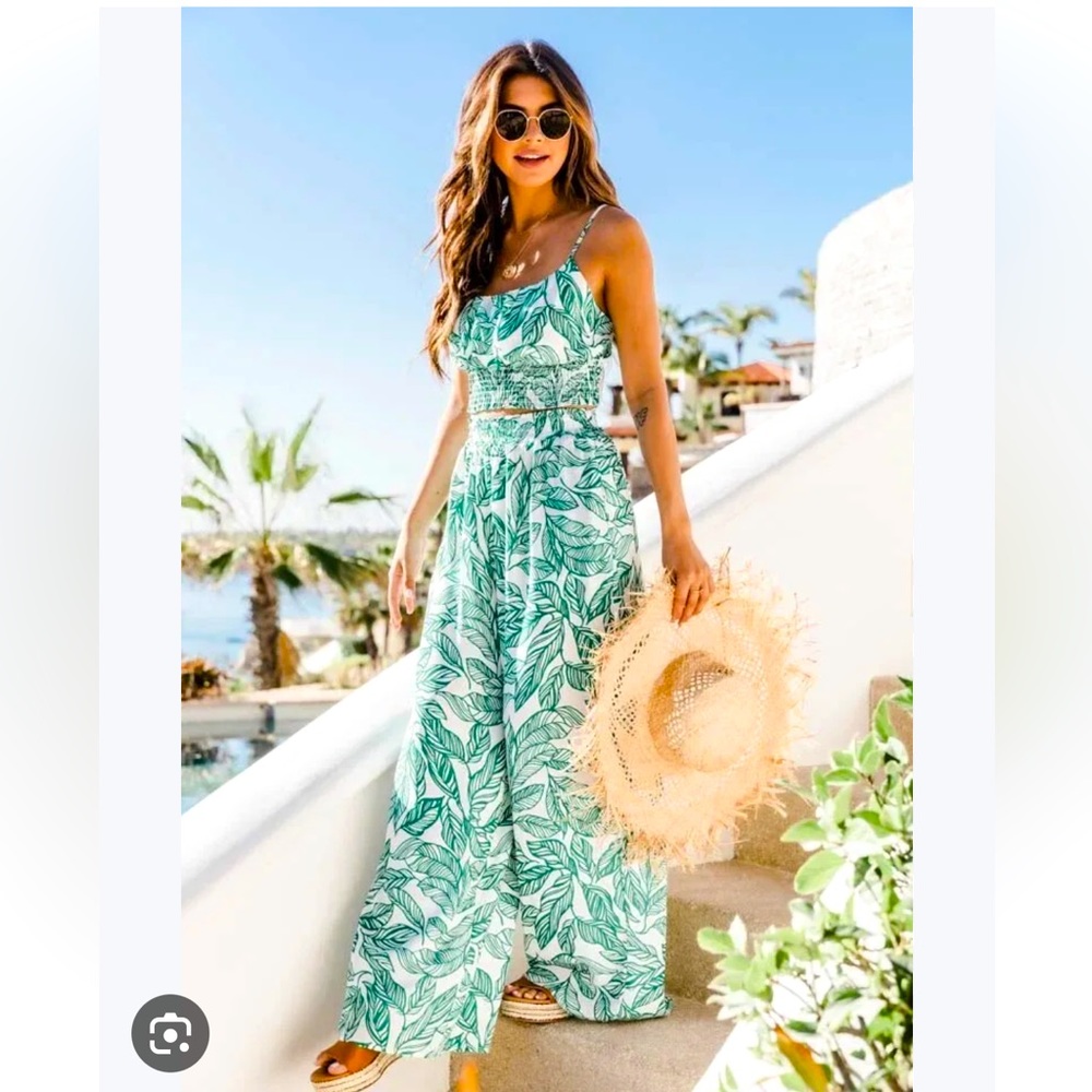 Pink lily white and green pants and crop top set